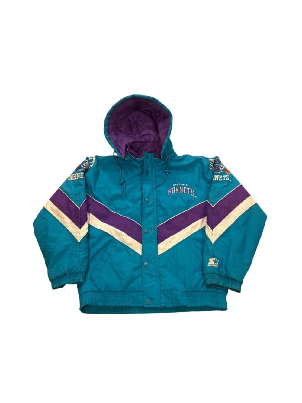 Vintage 90s Starter Charlotte Hornets NBA Full Zip Hooded Puffer Jacket Youth L